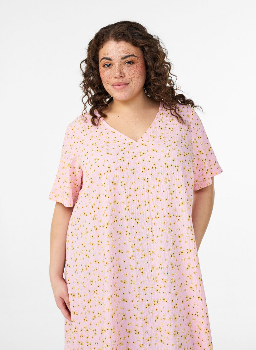 FLASH - Short-sleeved dress with V-neck, Rose, Model image number 2