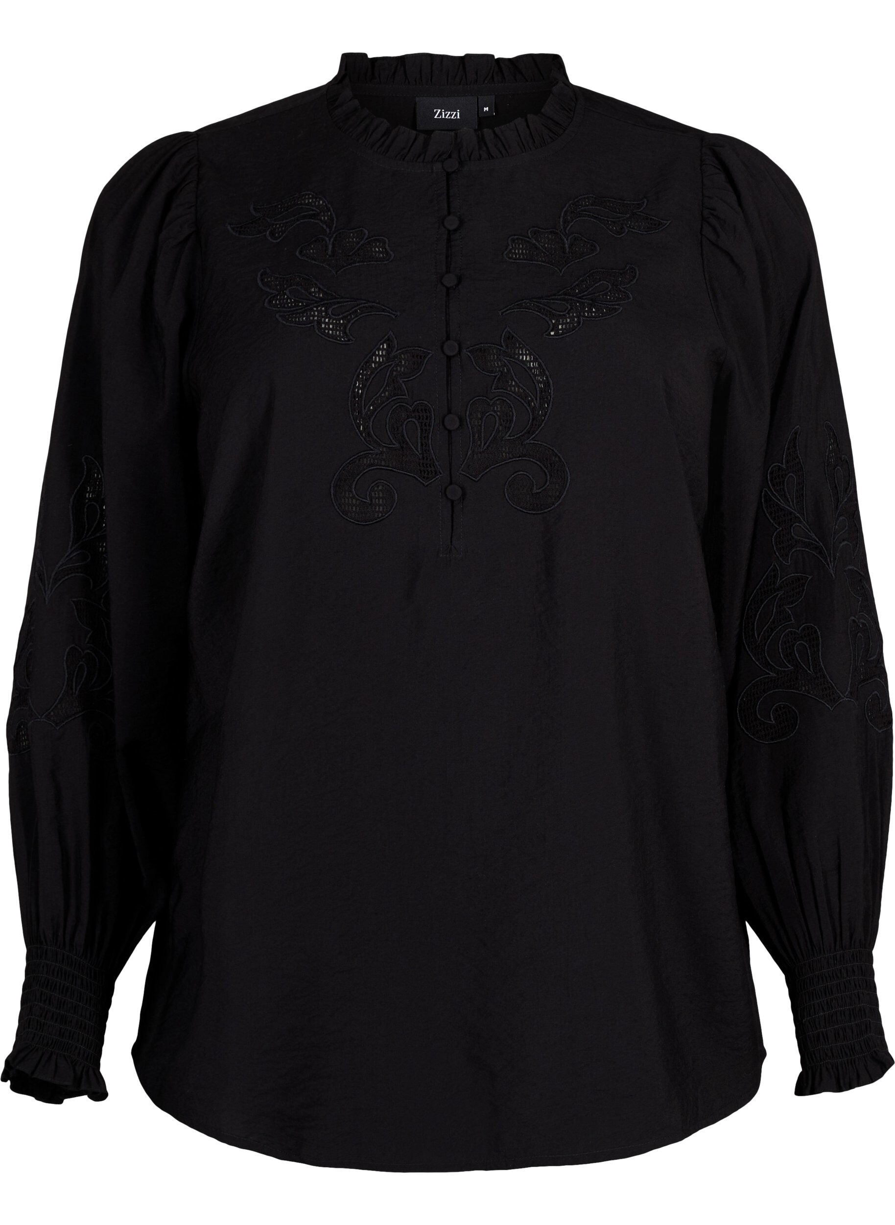 Zizzifashion Blouse with ruffles and broderie anglaise, Black, Packshot image number 0