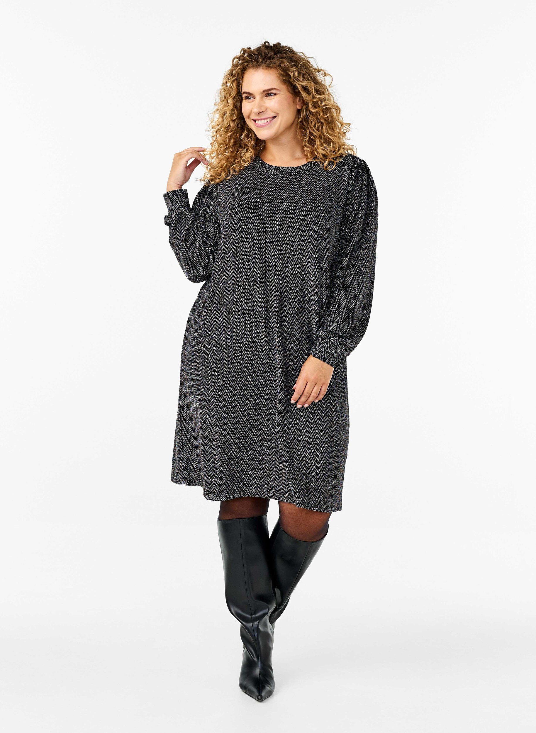 Zizzifashion Dress with zigzag pattern and glitter, Silver ZigZagShimmer, Model image number 2