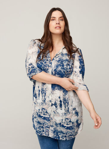 Printed shirt with puff sleeves, Twilight Blue AOP, Model image number 0