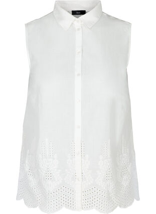 Sleeveless cotton shirt with broderie anglaise, Bright White, Packshot image number 0