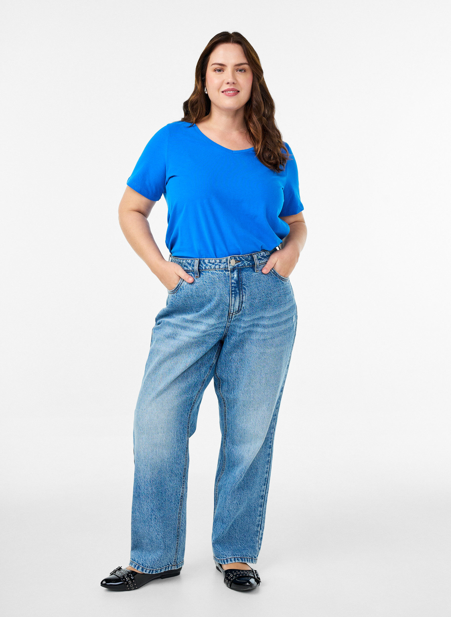 ZizzifashionSolid-coloured basic cotton T-shirt, Blue, Model image number 1
