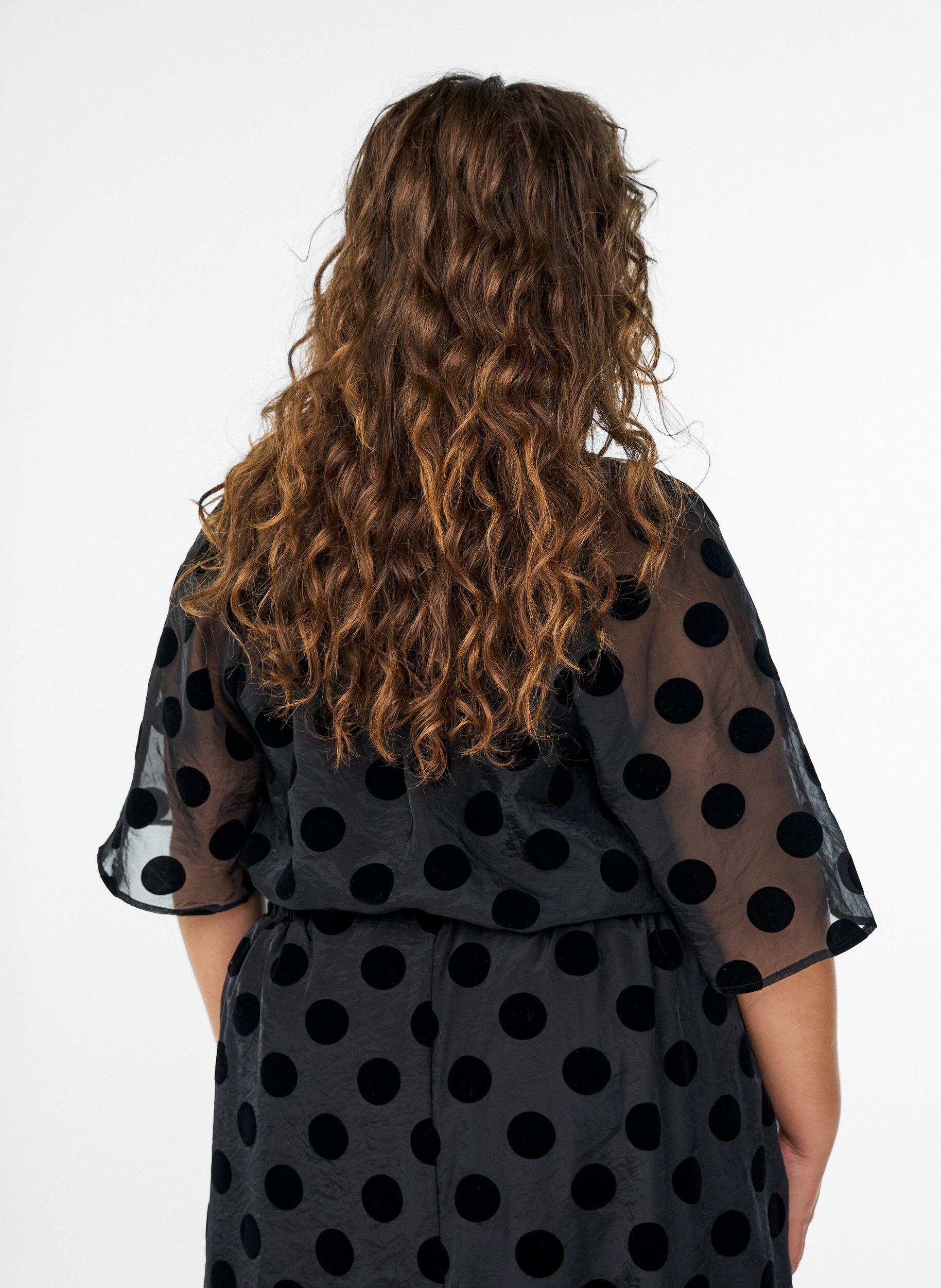 Zizzifashion Party blouse in organza-look with velvet dots, Black, Model image number 2