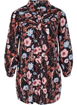 Floral shirt tunic in viscose, Black Flower AOP, Packshot image number 0