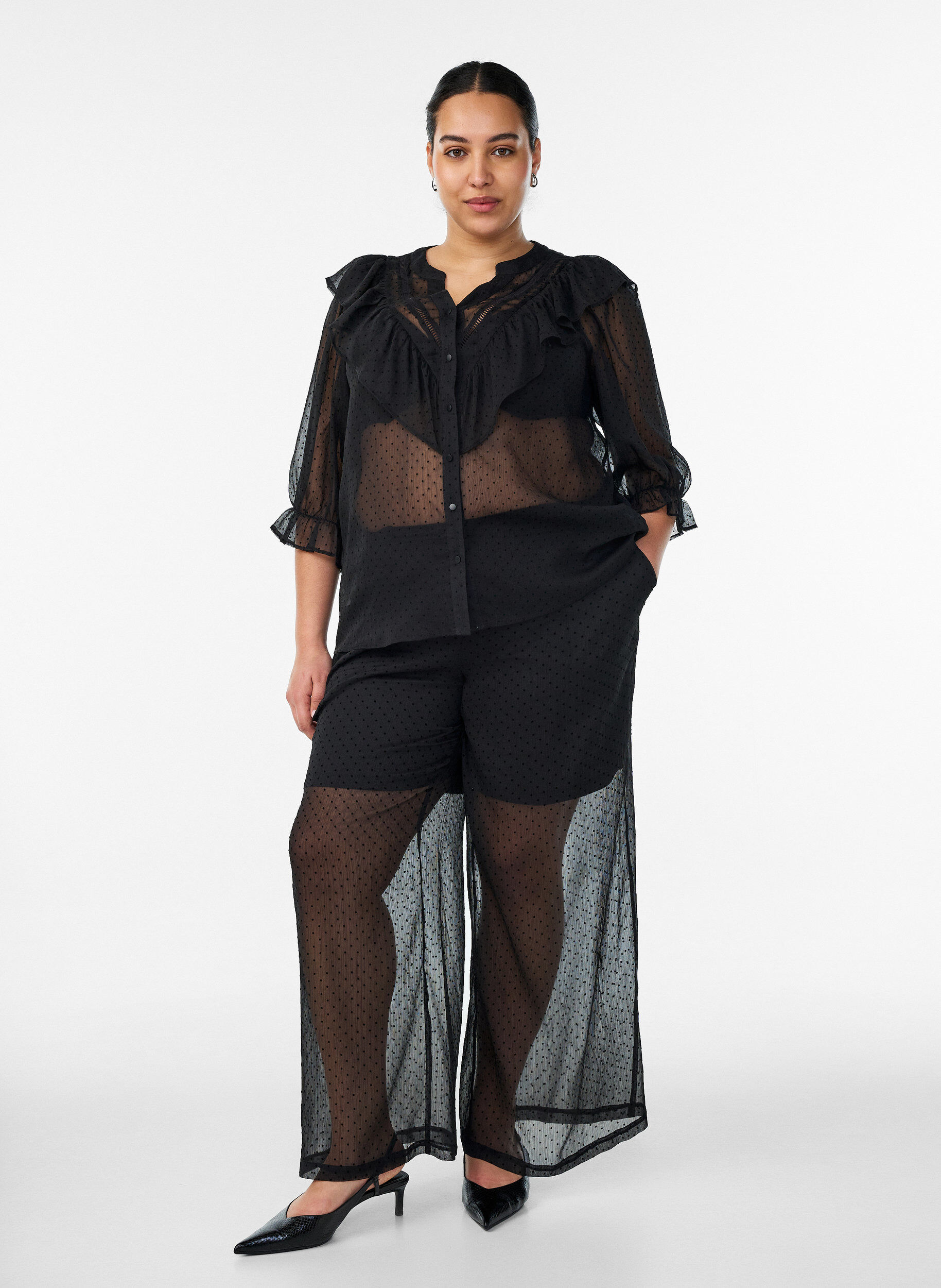 Zizzifashion Loose chiffon trousers with dots, Black, Model image number 0