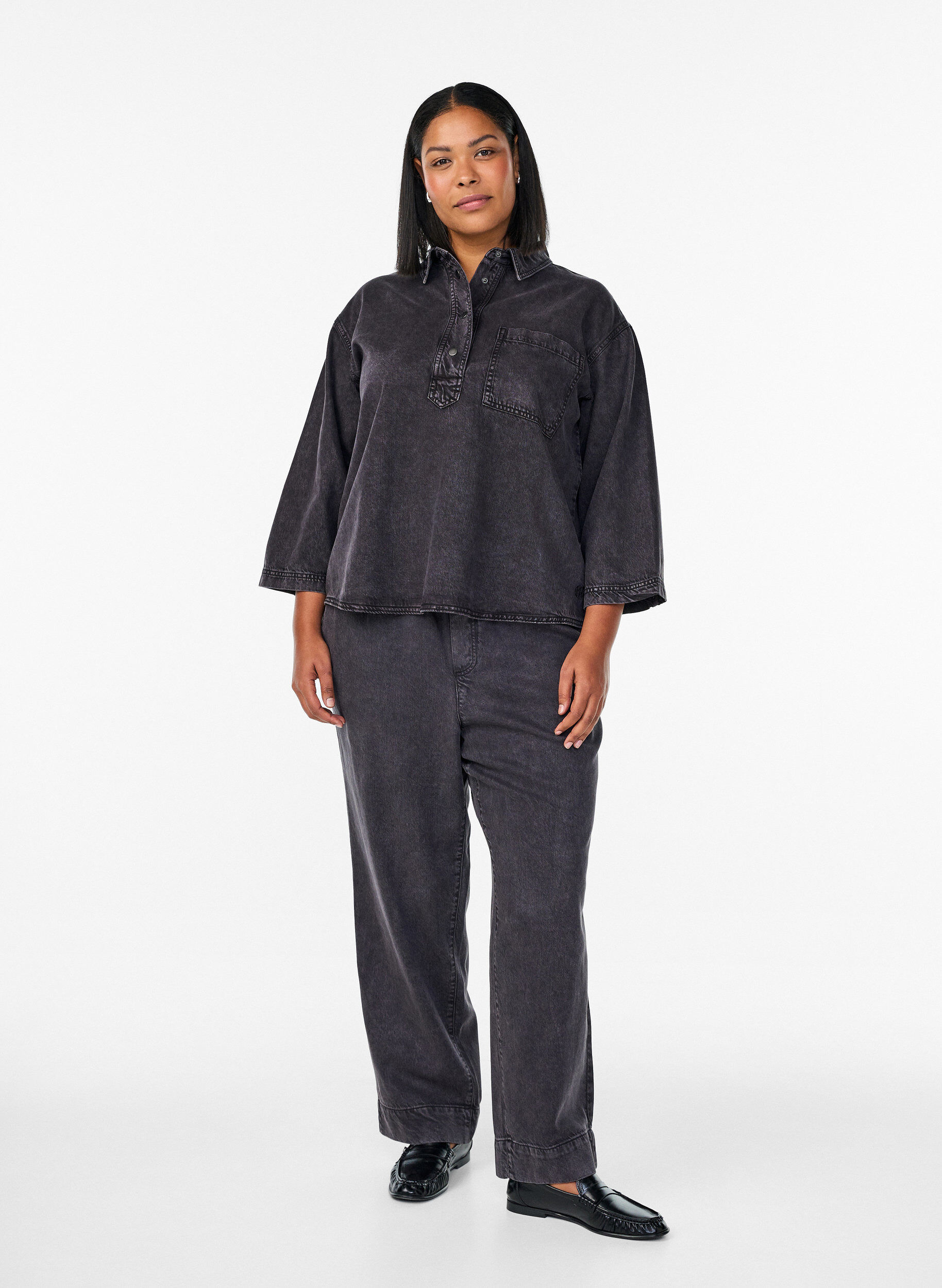 Wide jeans with an elastic waistband, Grey, Model