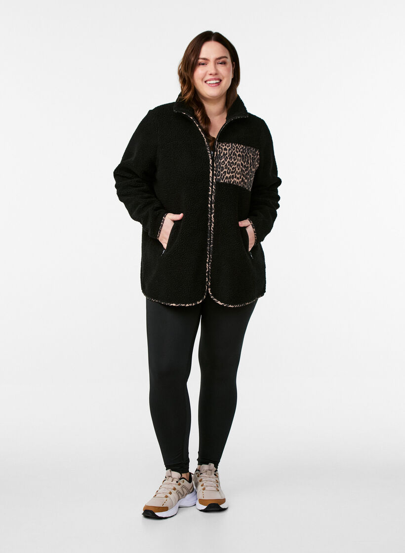 Teddy fleece jacket with leopard details, Black, Model image number 1