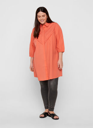 Cotton tunic with 3/4 sleeves and lace, Coral, Model image number 2