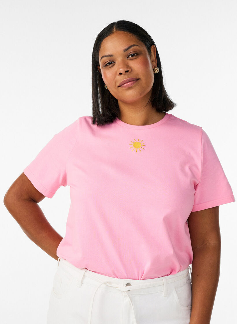 Organic cotton T-shirt with text motif, Pink, Model image number 0