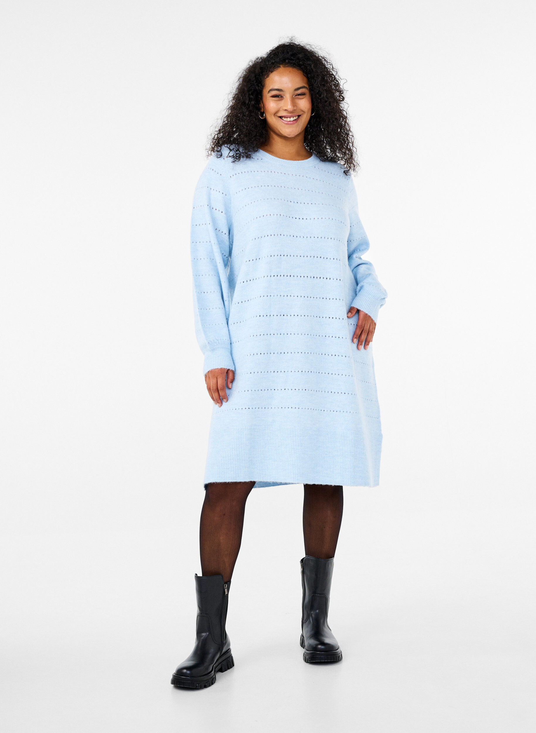 Zizzifashion Knit dress with slits and lace pattern, Cashmere Blue Mel., Model image number 2