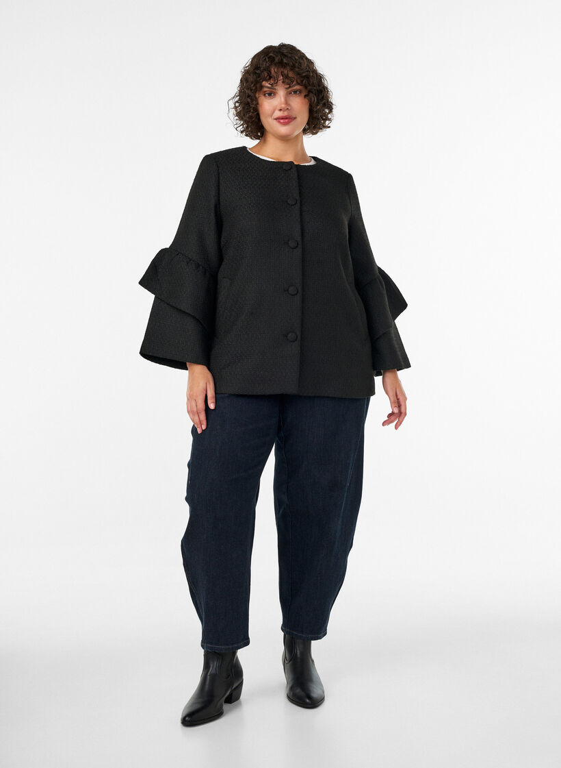 Boucl&eacute; jacket with ruffle details, Black, Model image number 1