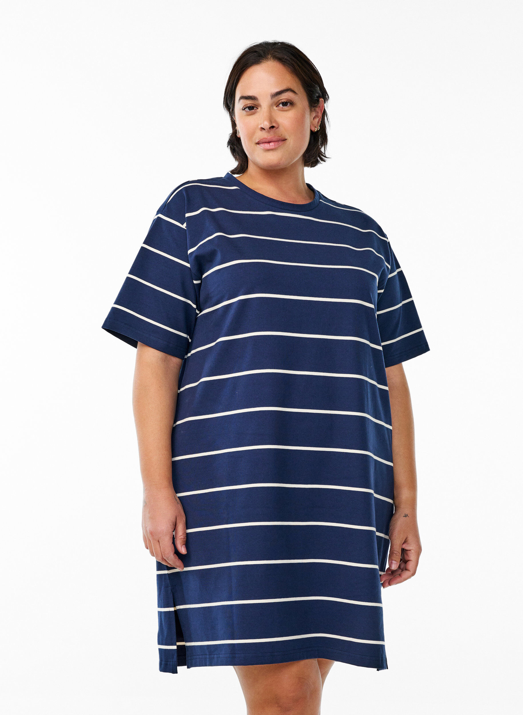 Short jersey dress with stripes, Blue, Model