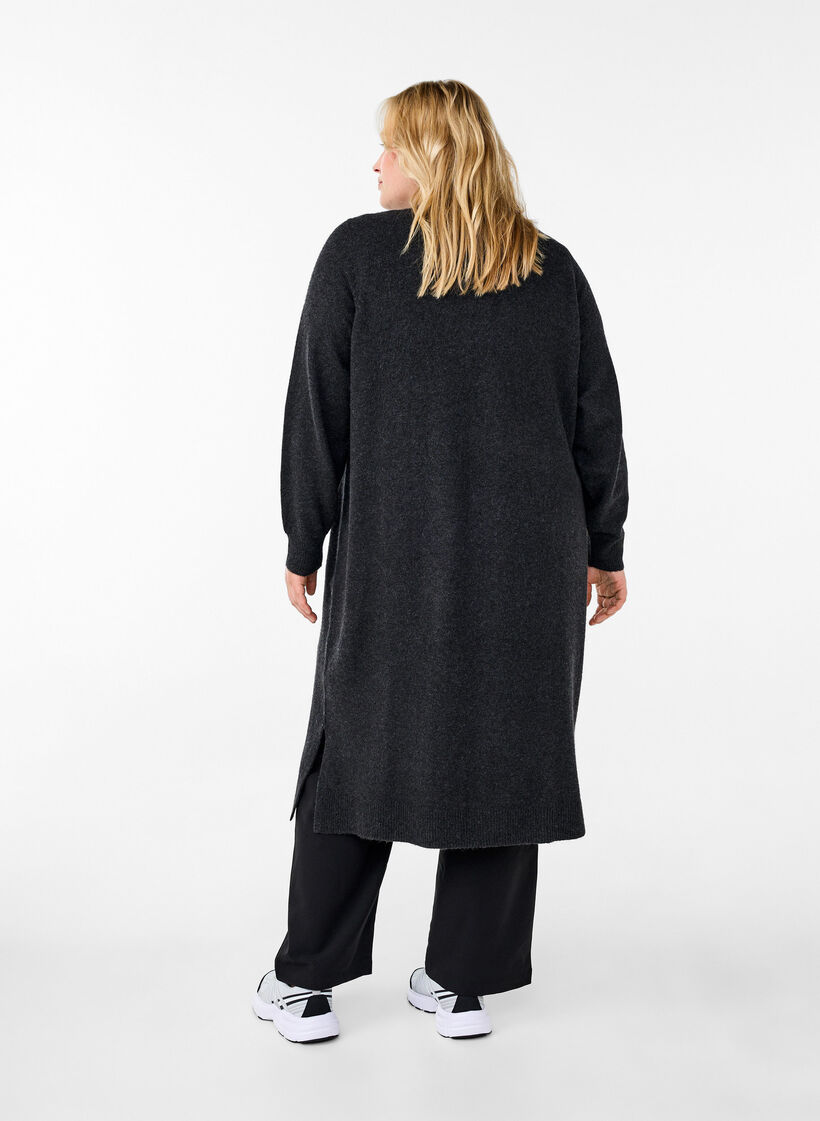 Long knitted cardigan with pockets, Dark Grey Melange, Model image number 1