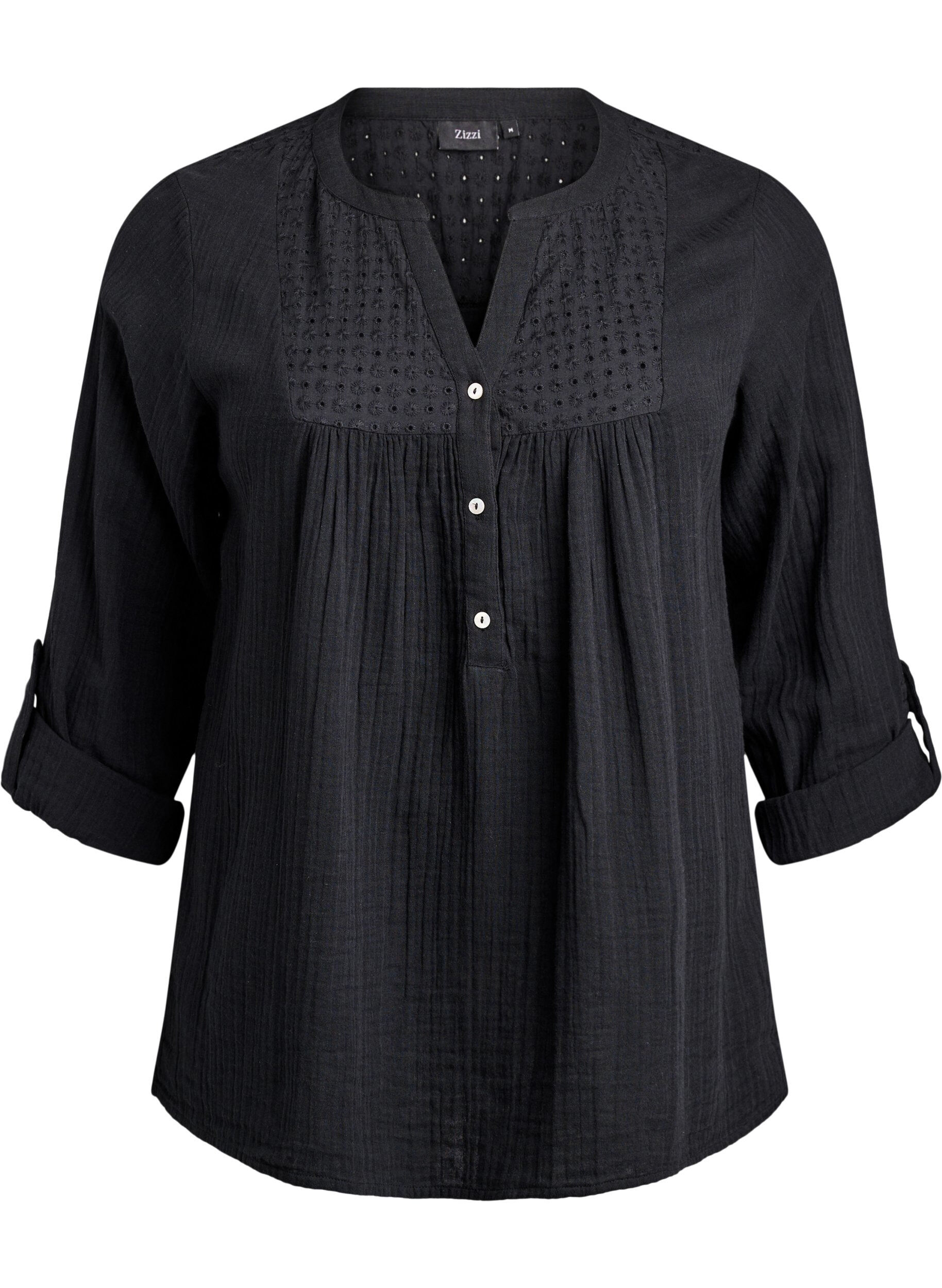 ZizzifashionBlouse in cotton muslin with broderie anglaise, Black, Packshot image number 0