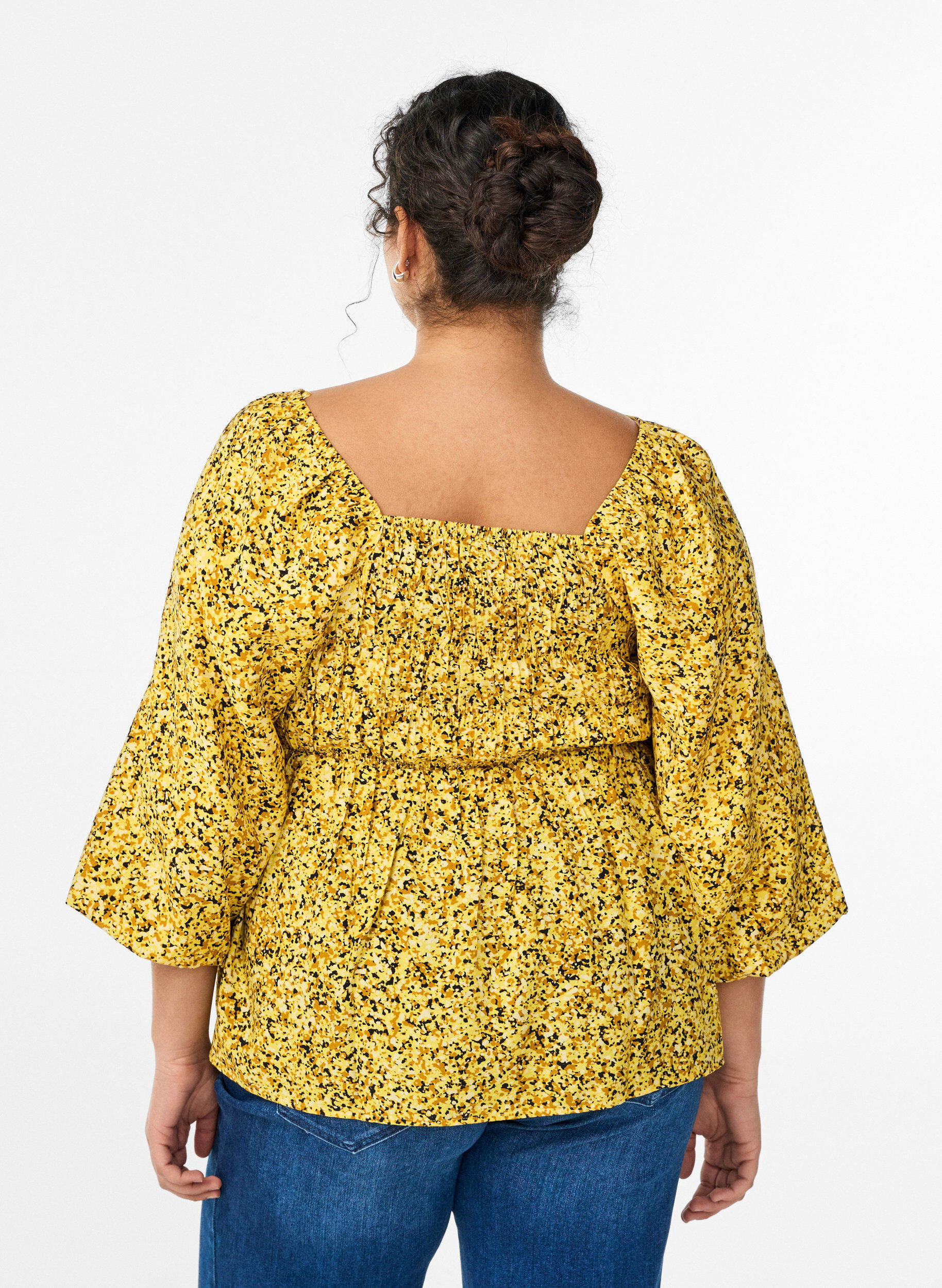 Zizzifashion Blouse with smock and square neckline, Yellow, Model image number 2