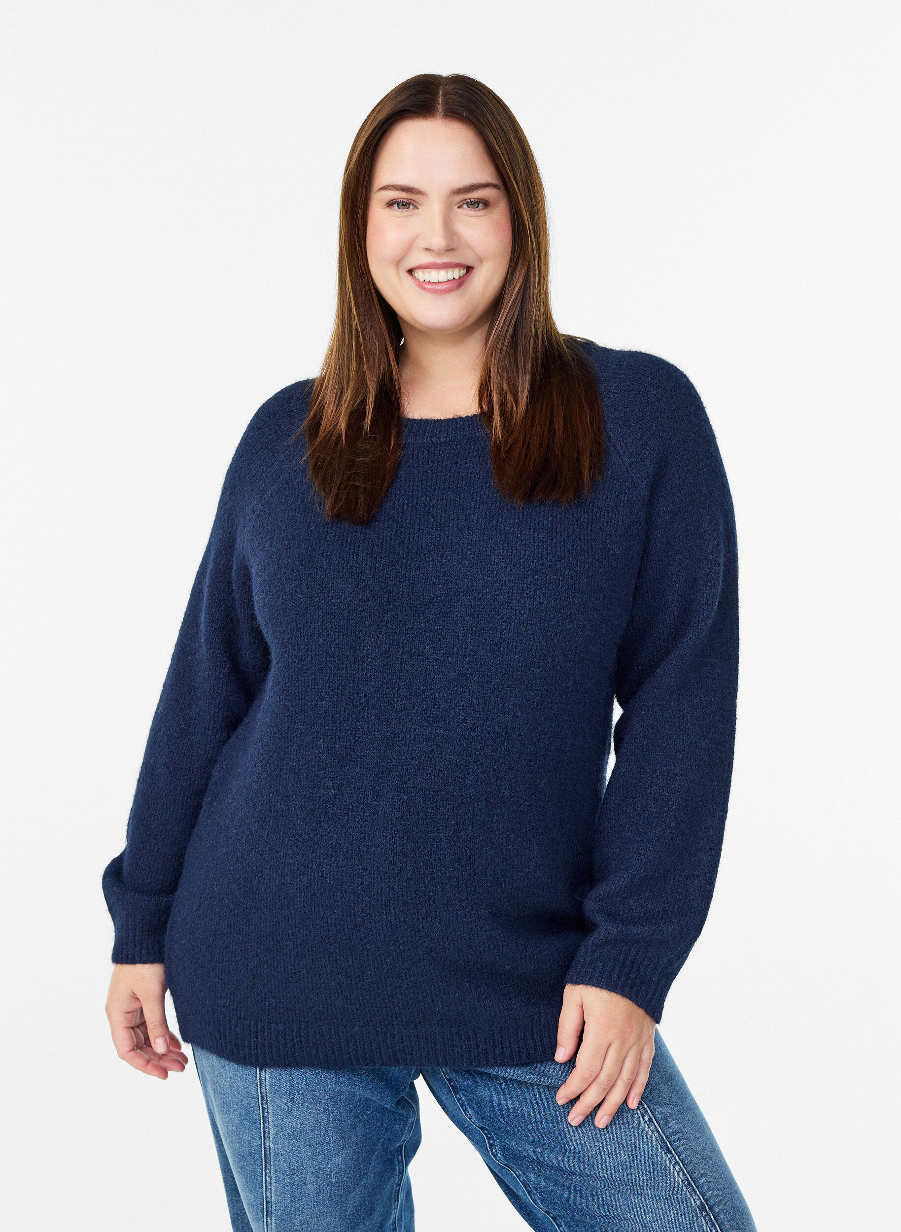 Knitted blouse with raglan sleeves, Blue, Model
