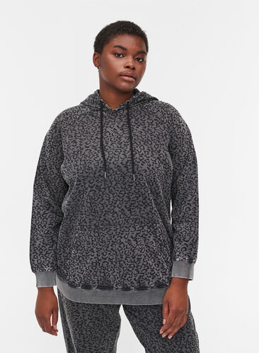 Organic cotton hooded sweatshirt with leopard print, Grey Leo Acid Wash, Model image number 0