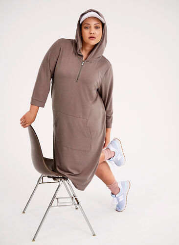 Sweater dress with hood and pockets, Deep Taupe, Image image number 0