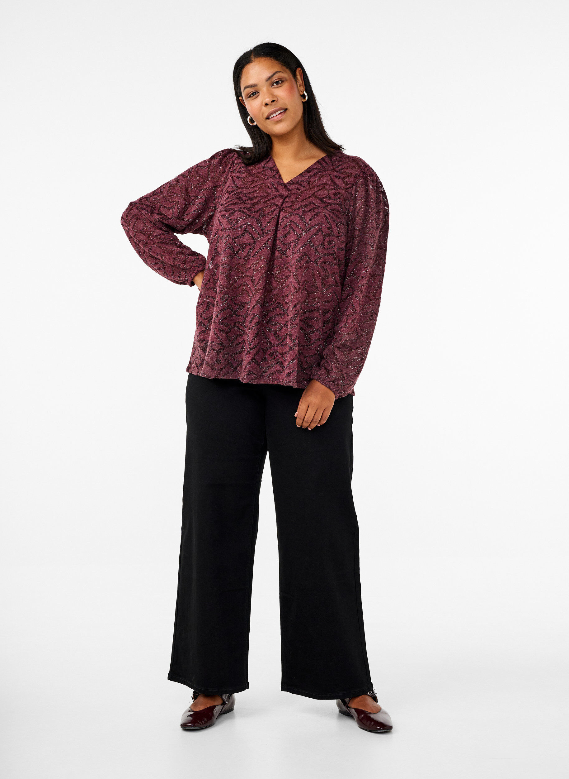 Zizzifashion Long-sleeved blouse with glitter and pattern, Red, Model image number 1