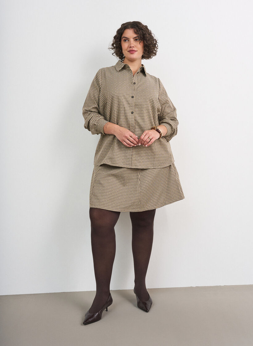Skirt with a mini-check pattern and rhinestones, Brown, Model image number 1
