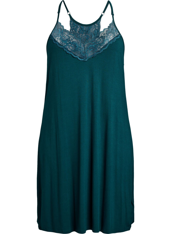 Sleeveless viscose nightgown with lace details, Green, Packshot image number 0