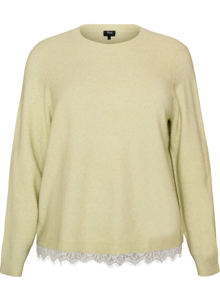 Knitted blouse with lace trim at the hem, Green, Packshot image number 0