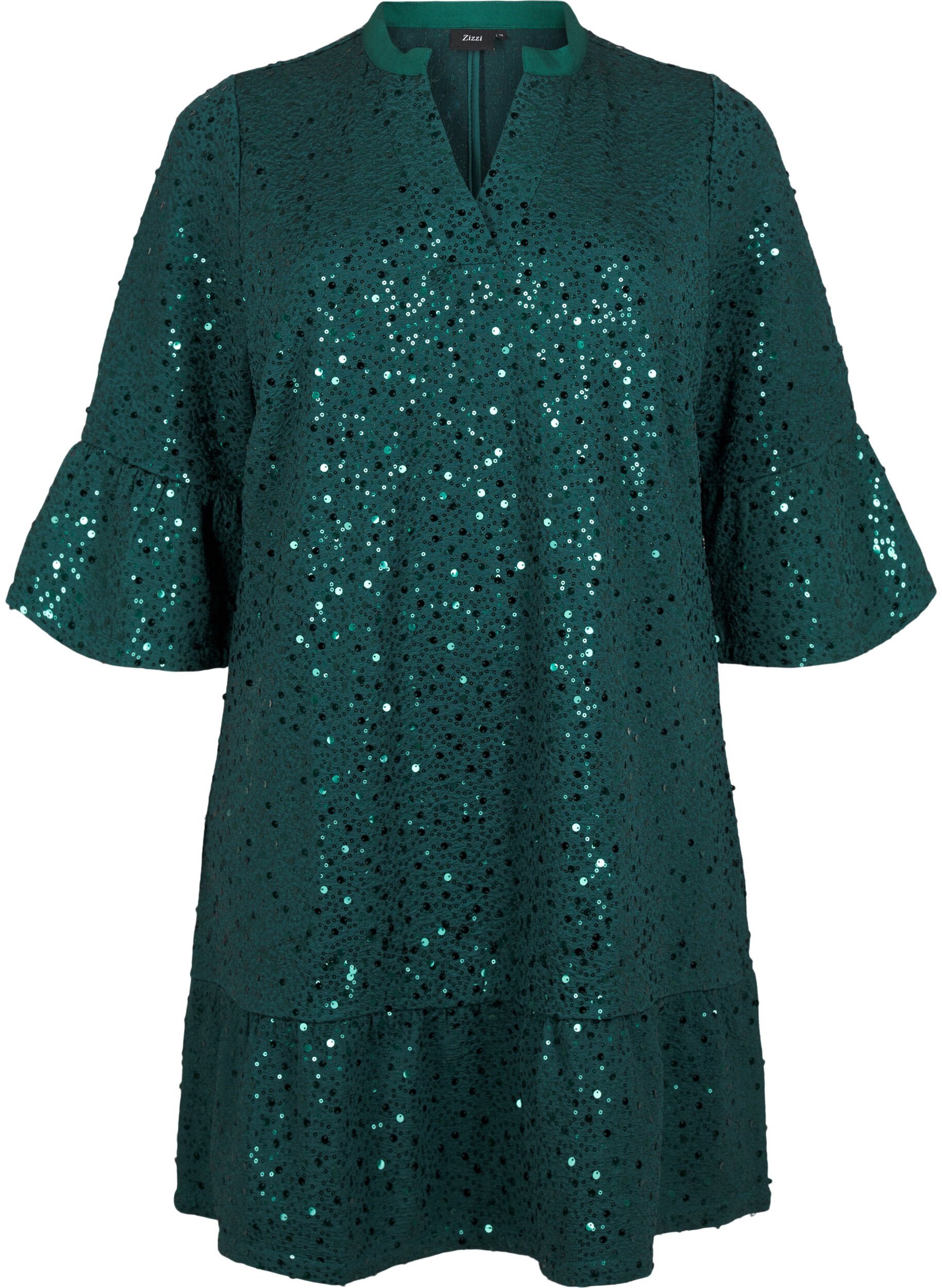 Zizzifashion Sequin dress with a V-neck and 3/4 sleeves, Rain Forest, Packshot image number 0