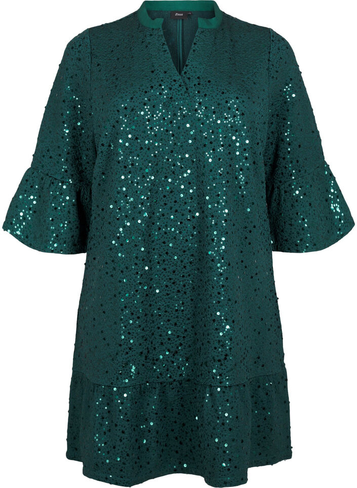Sequin dress with a V-neck and 3/4 sleeves, Rain Forest, Packshot image number 0