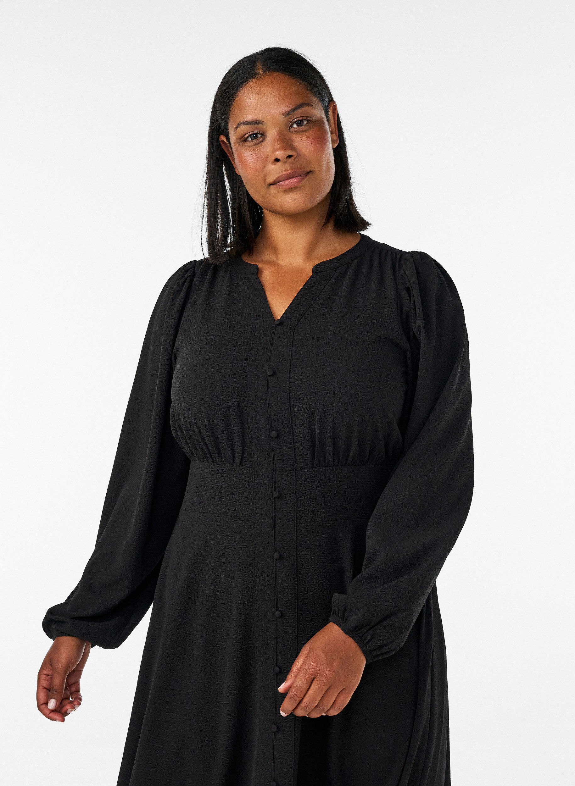 Zizzifashion Midi dress with smock and decorative buttons, Black, Model image number 2