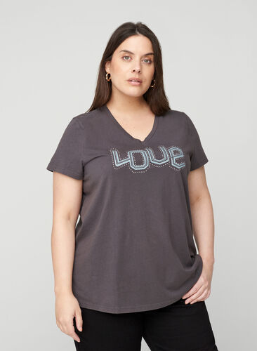 Short-sleeved cotton t-shirt with a v-neck, Black Acid, Model image number 0