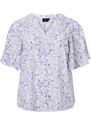 V-neck short sleeve blouse with floral print, Sand Verbena AOP, Packshot image number 0