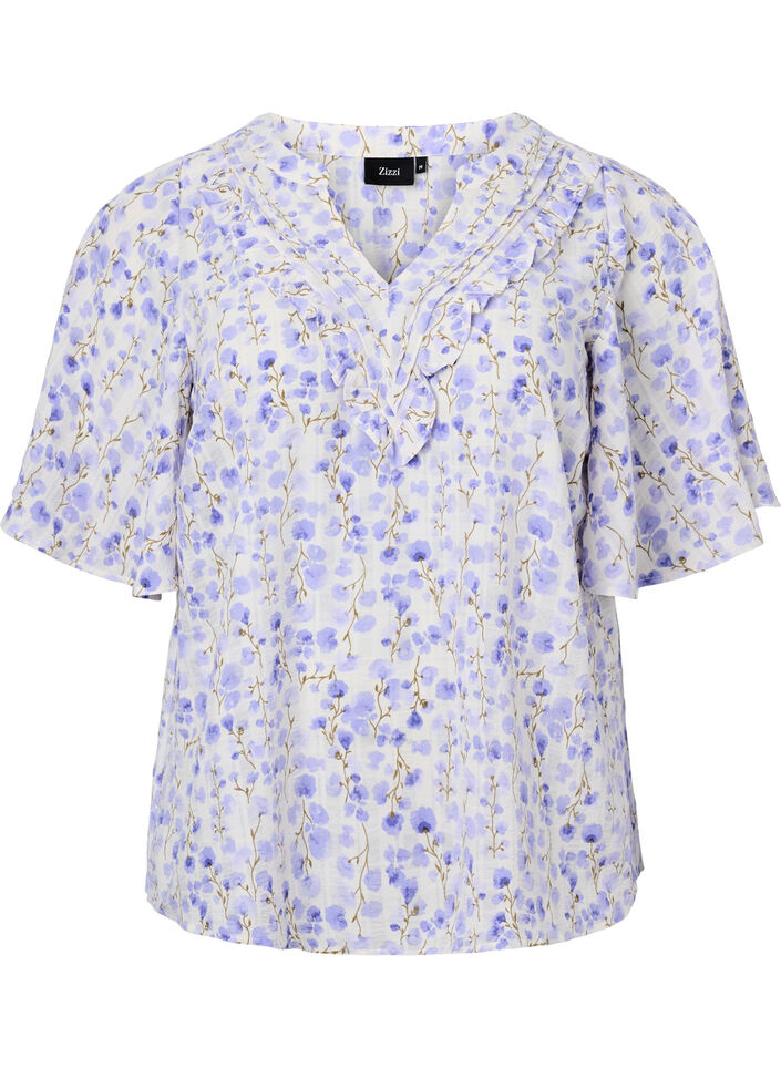 V-neck short sleeve blouse with floral print, White, Packshot image number 0
