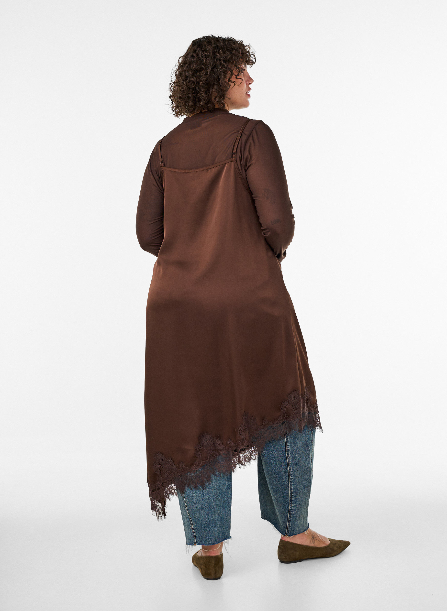 ZizzifashionSatin dress with lace and an asymmetrical hem, Brown, Model image number 2
