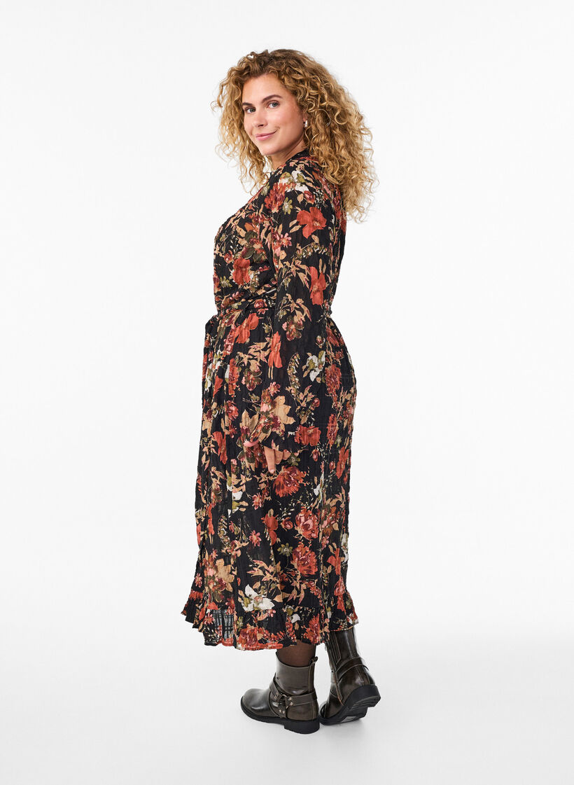 Midi dress with floral print and detachable tie belt, Black, Model image number 1