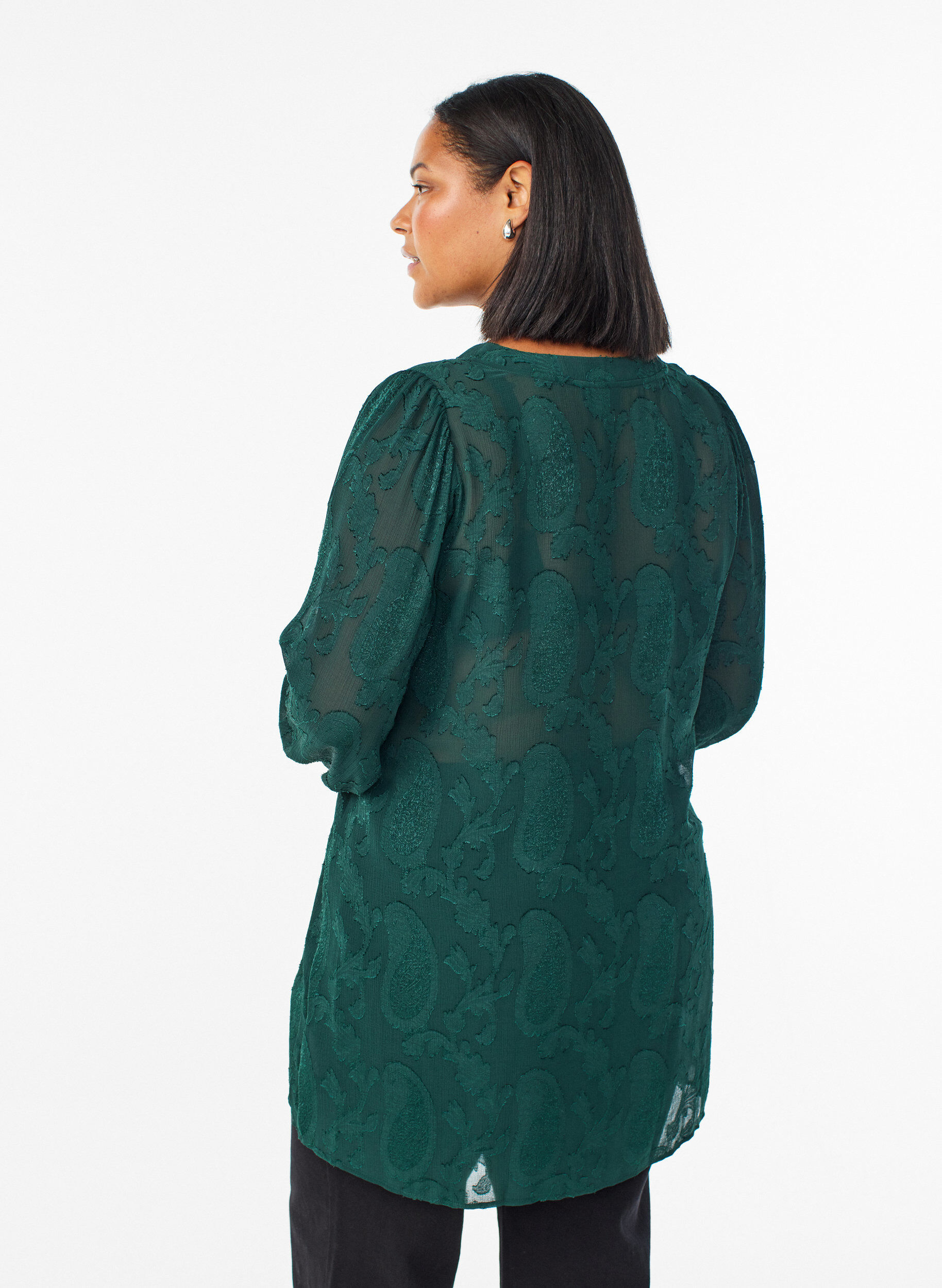 Zizzifashion Tunic with a paisley texture and long sleeves, Green, Model image number 2