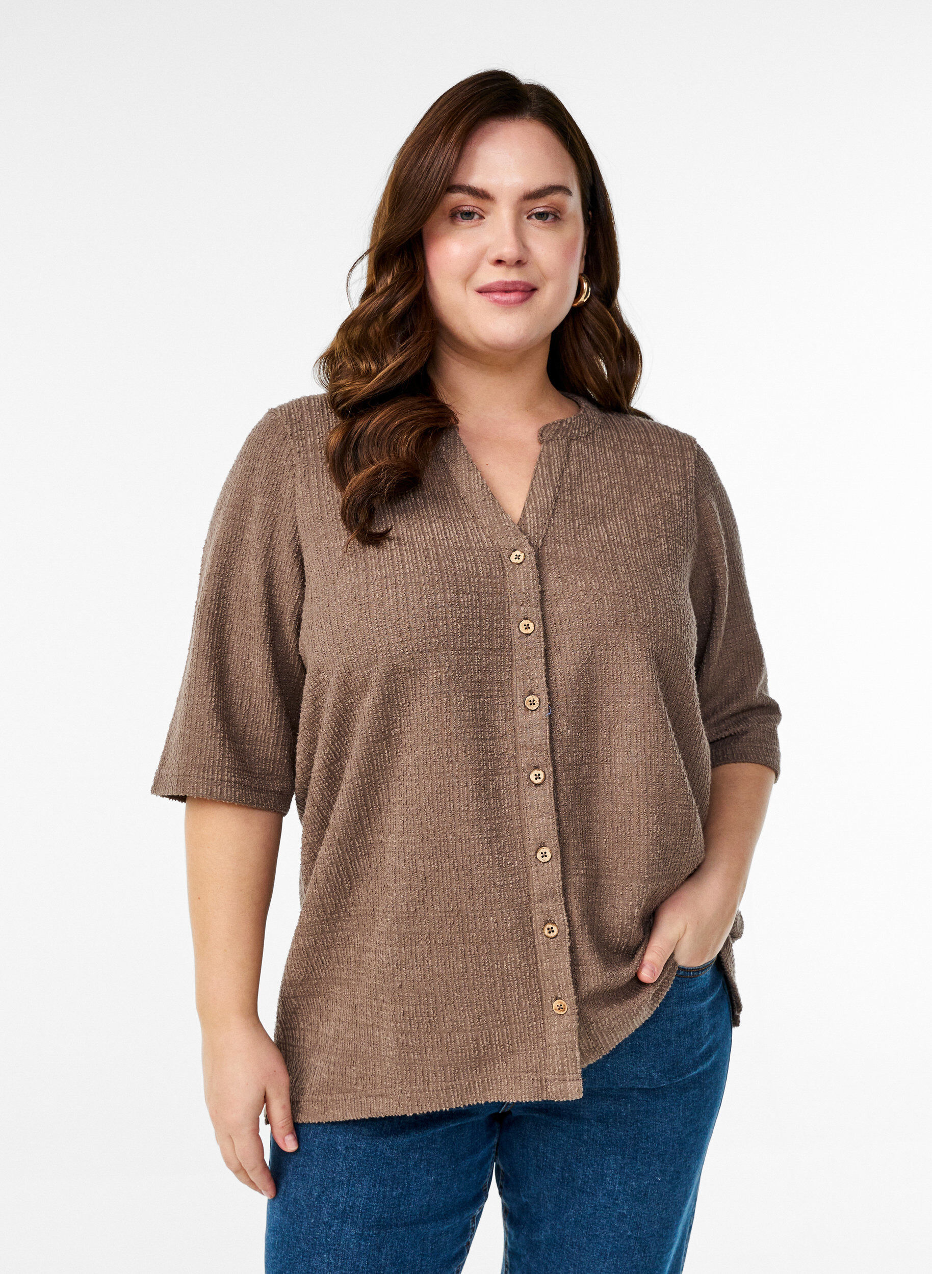 Zizzifashion Structured blouse with V-neckline, Walnut, Model image number 0