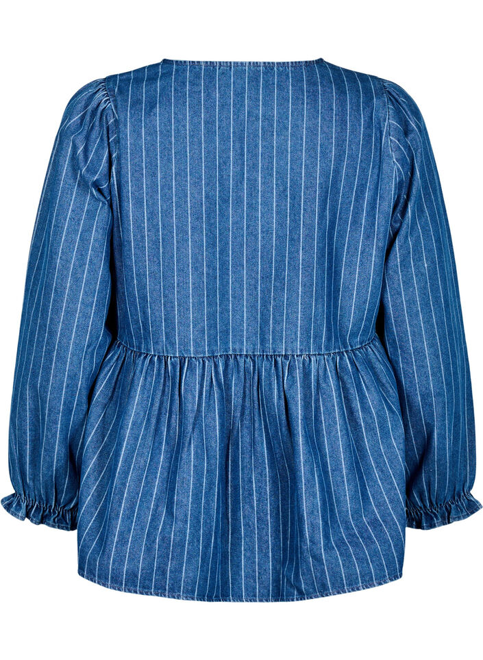 Striped denim blouse with front tie, Blue, Packshot image number 1