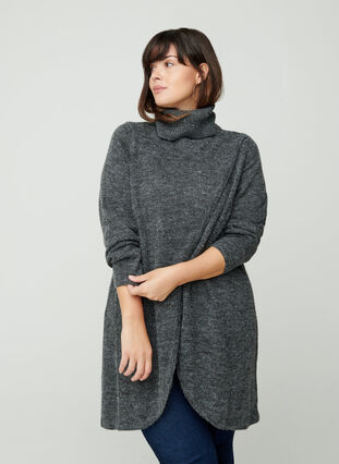 Marled knitted poncho with a roll neck, Dark Grey Melange, Model image number 0