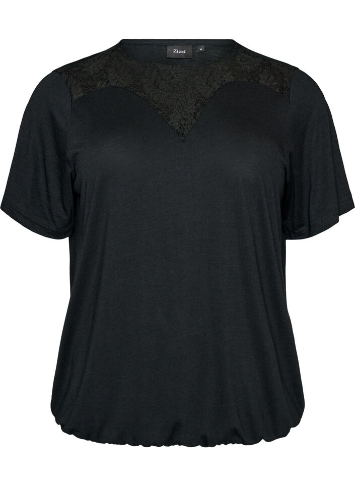 Blouse with lace insert and balloon sleeves, Black, Packshot image number 0