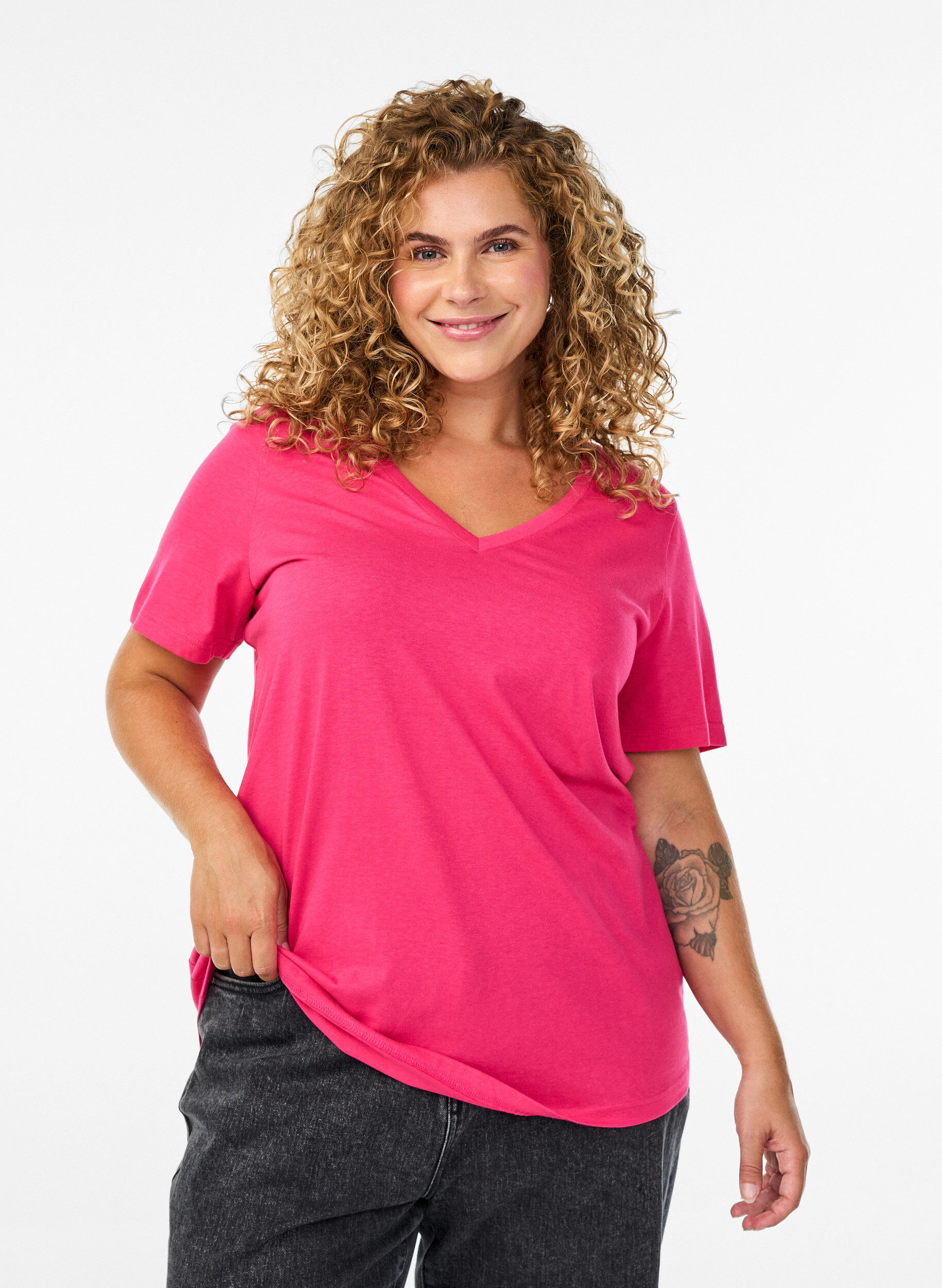 Zizzifashion Short-sleeved t-shirt with v-neck, Pink, Model image number 0