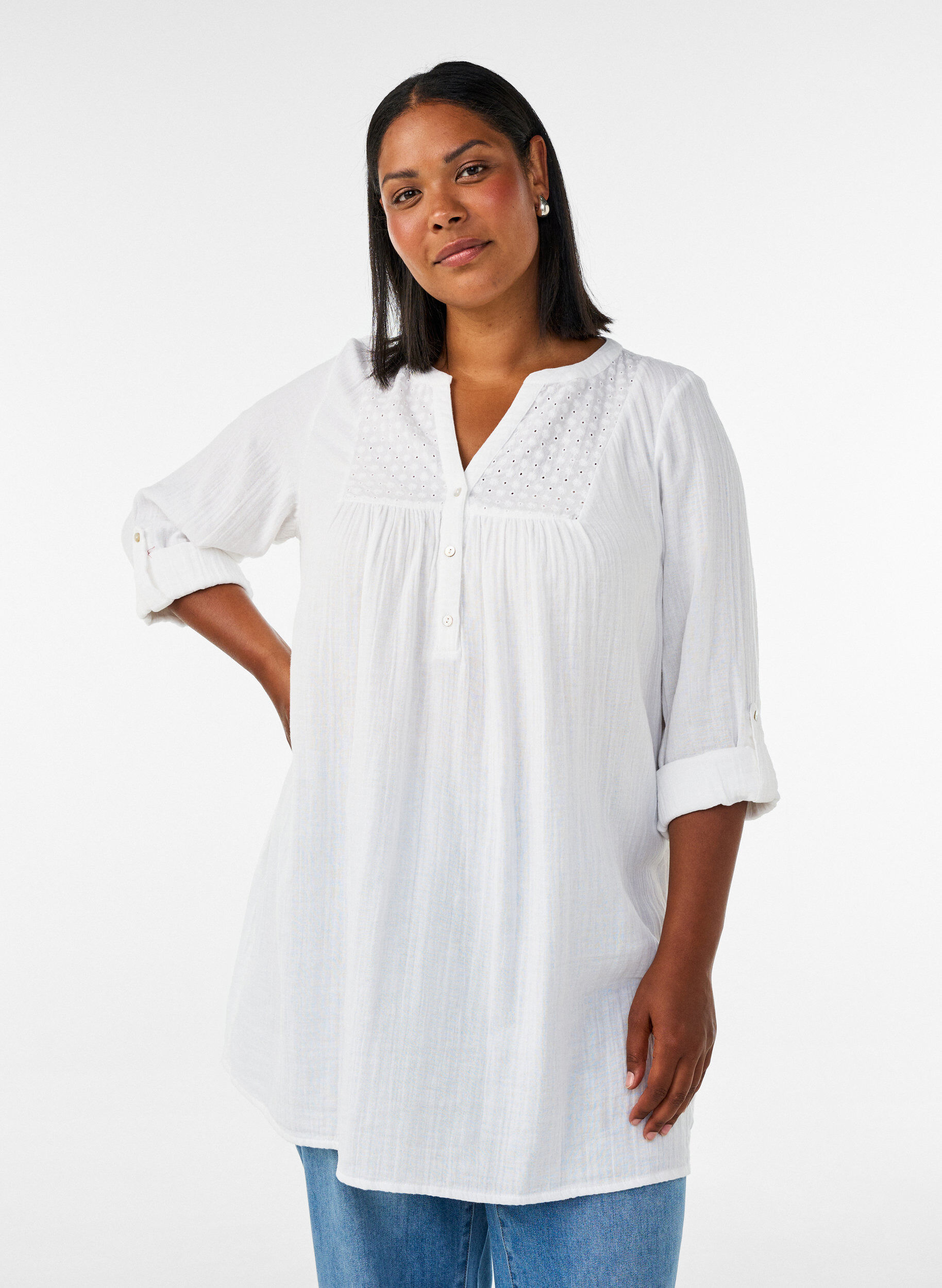 ZizzifashionCotton muslin tunic with broderie anglaise, White, Model image number 0