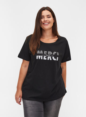Organic cotton t-shirt with print, Black Merci, Model image number 0