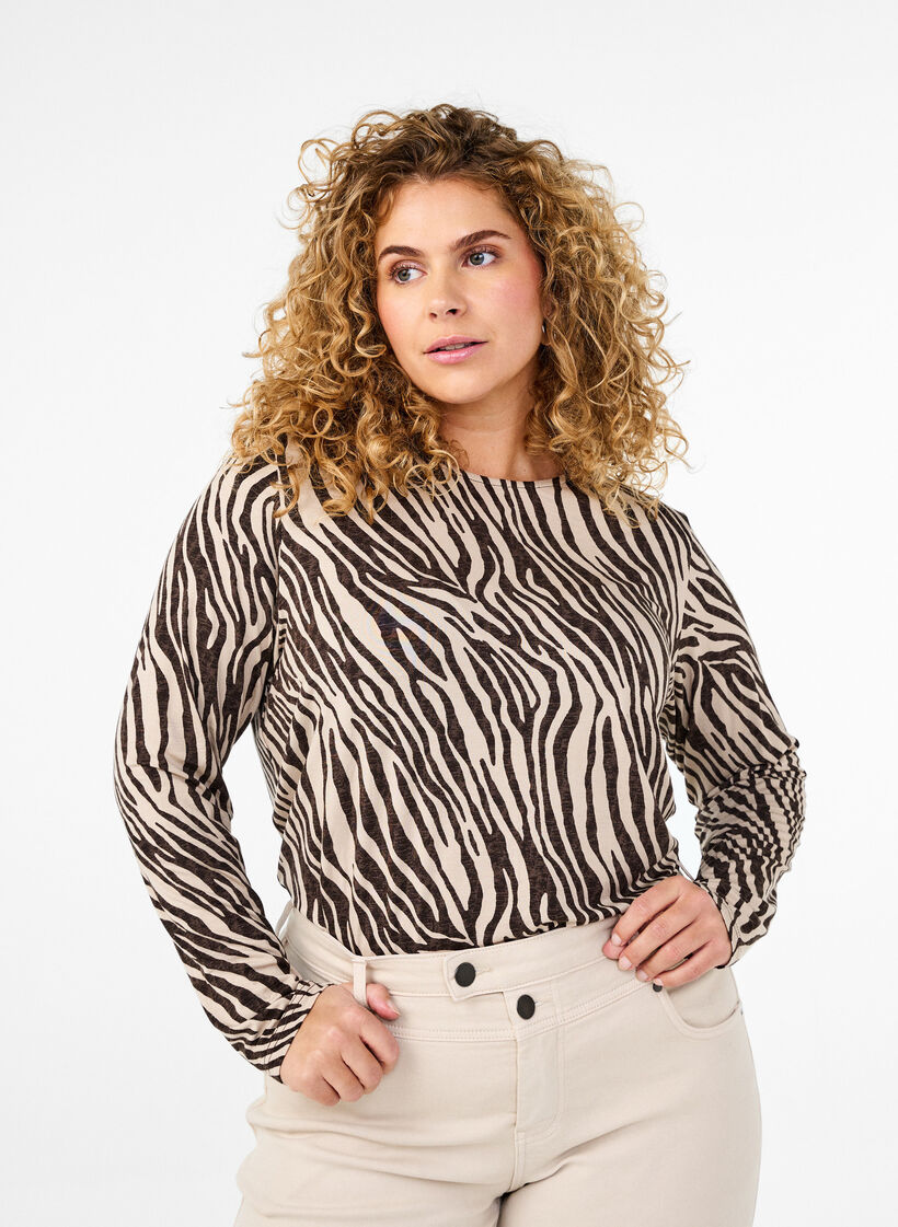Long-sleeved blouse with zebra print, Brown, Model image number 0