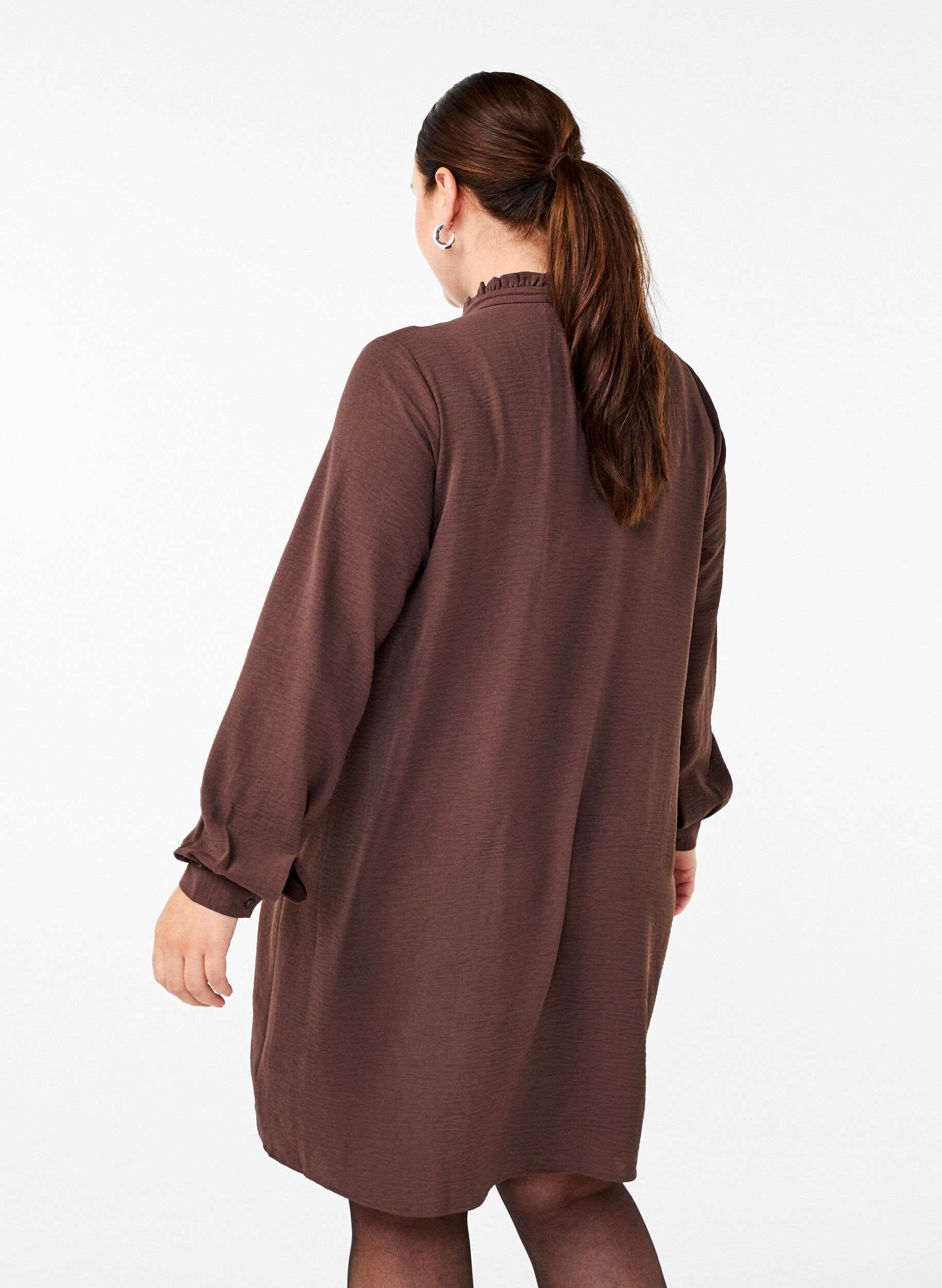 Zizzifashion Long-sleeved dress with ruffle detail, Chocolate Martini, Model image number 1