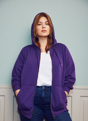 Sweater cardigan with a hood a zip, Loganberry, Image image number 0