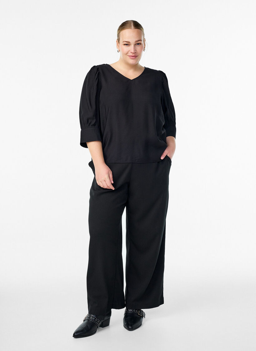 Blouse with V-neck and 3/4-sleeves, Black, Model image number 1