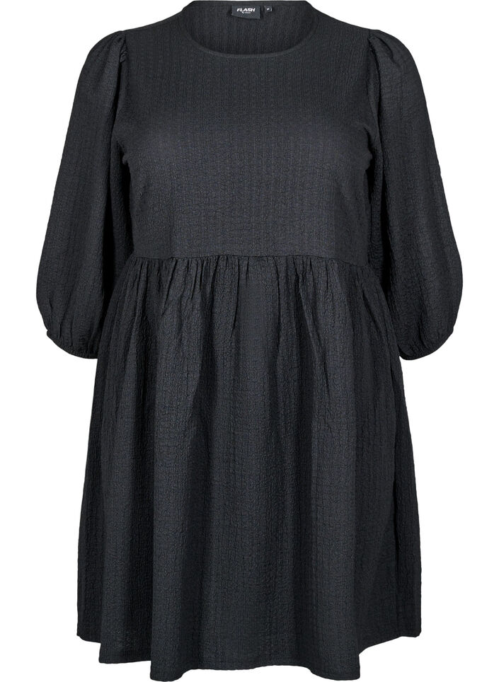 Short dress with texture and 3/4 sleeves, Black, Packshot image number 0