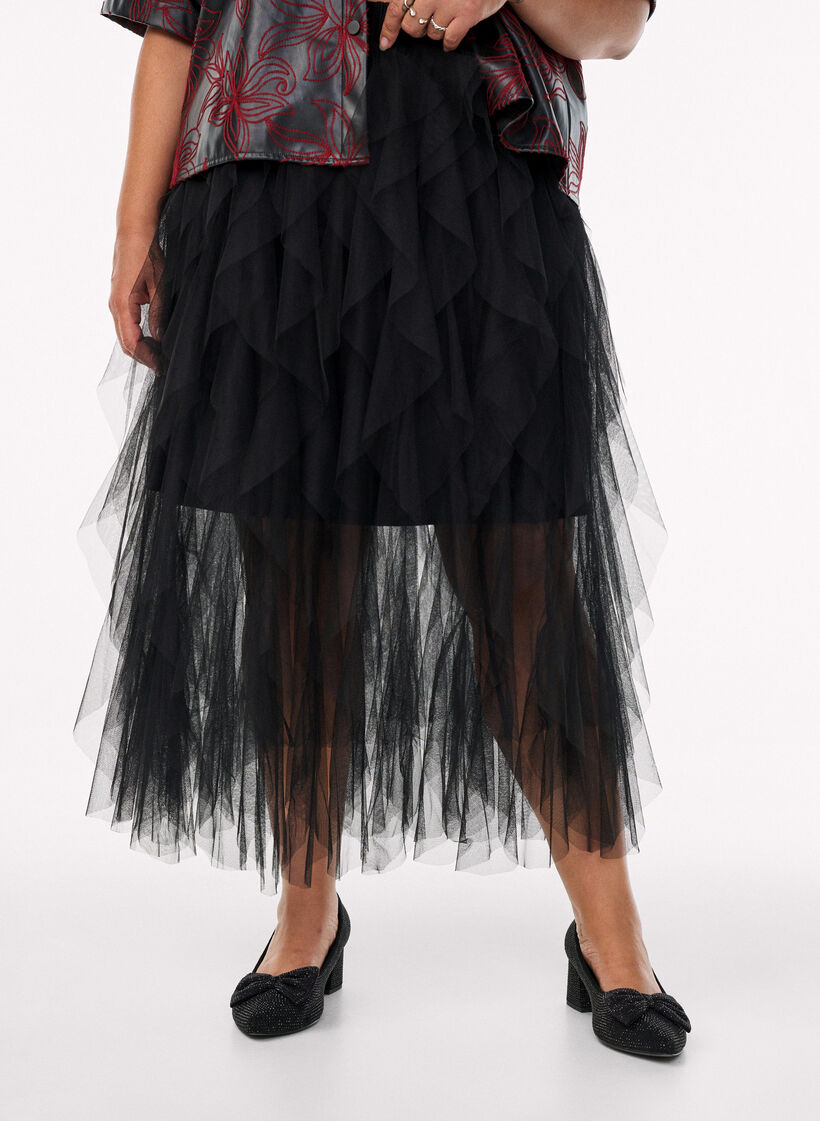 Midi tulle skirt with elastic waistband, Black, Model image number 2