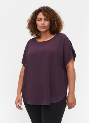 Blouse with short sleeves and a round neckline, Plum Perfect, Model image number 0