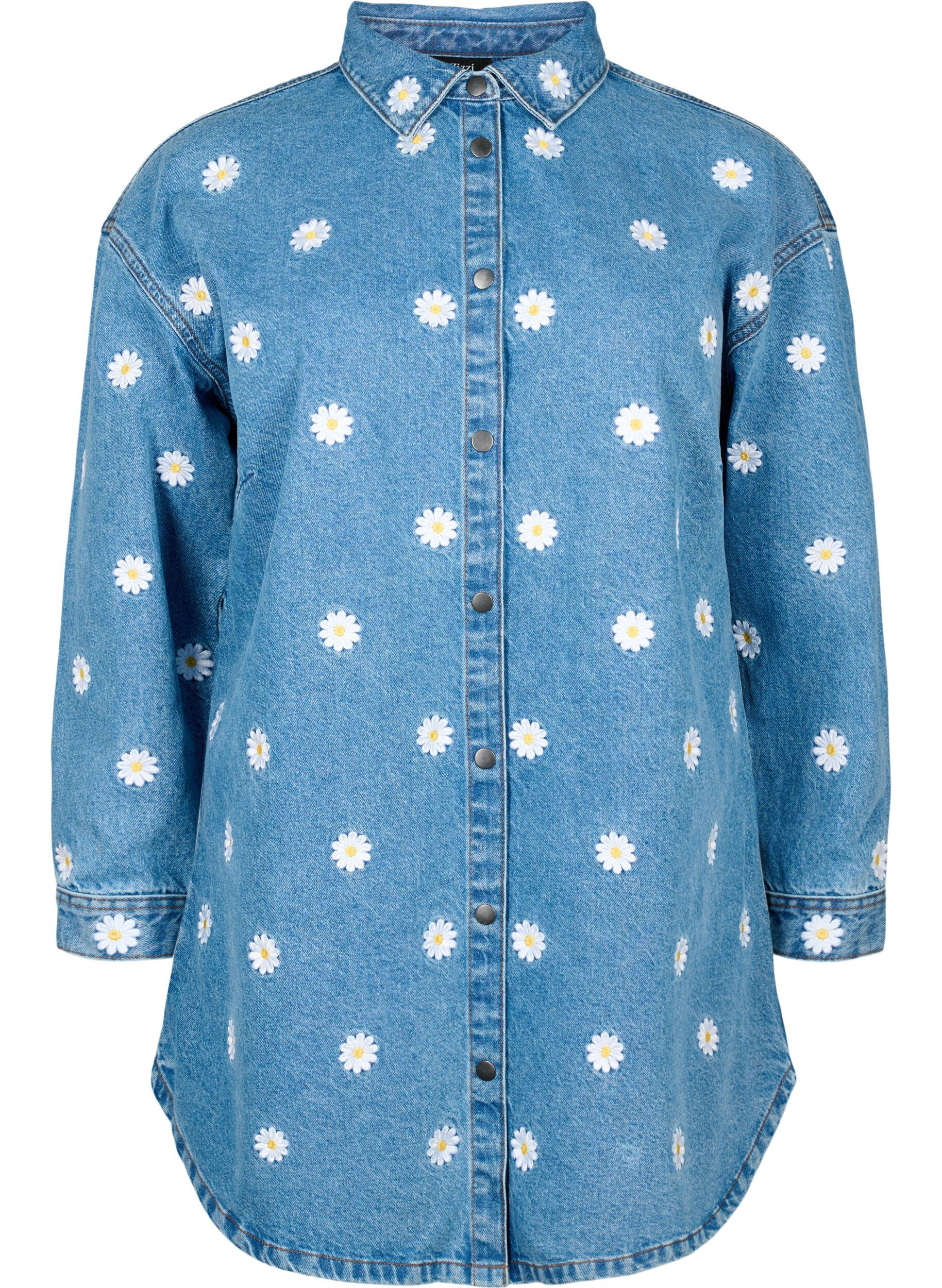 Zizzifashion Loose denim shirt with embroidered daisies, L.B. Flower, Packshot image number 0